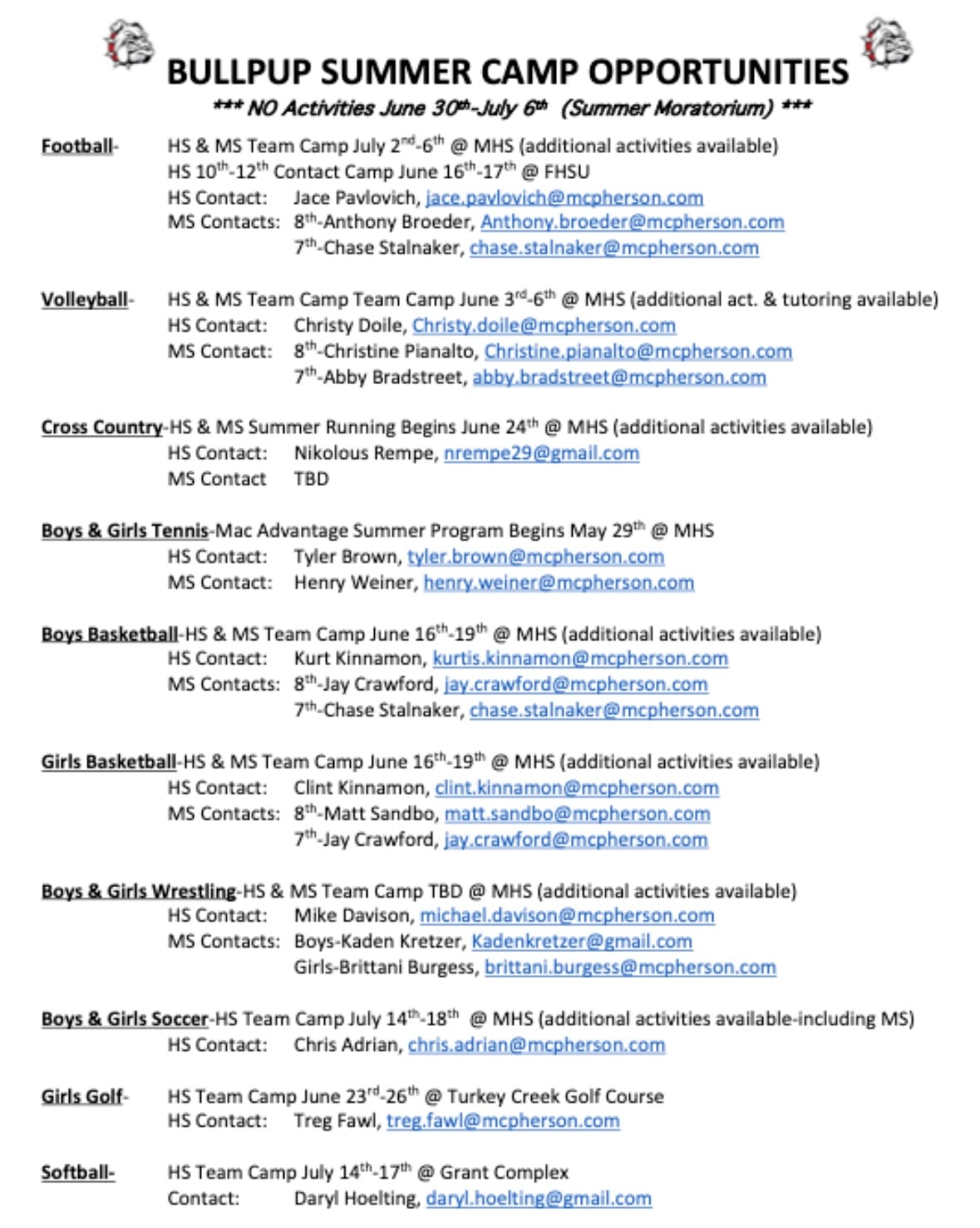 McPherson High School Releases Summer Sports Camp Schedule