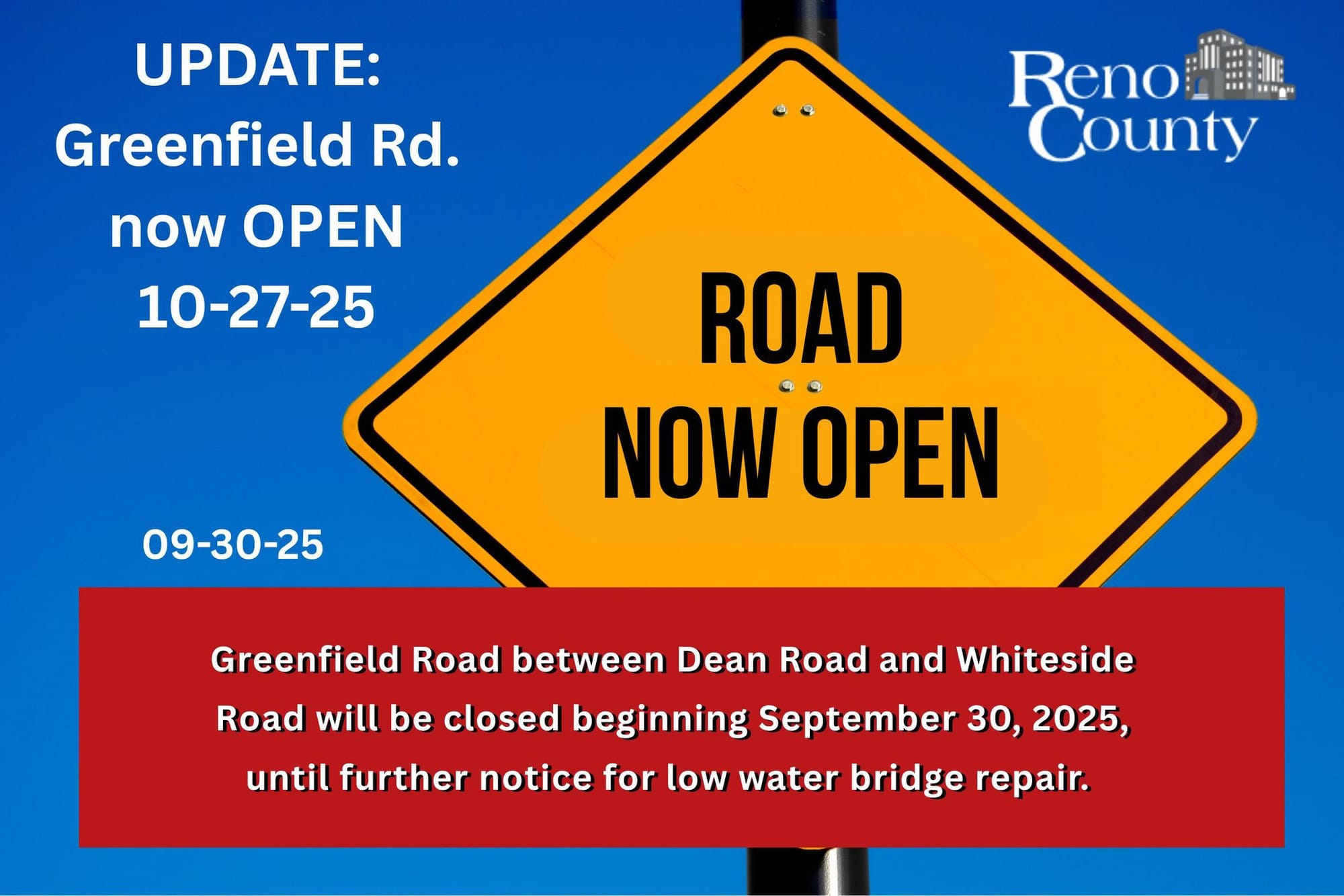 Reno County reopens Greenfield Road after bridge repair completion