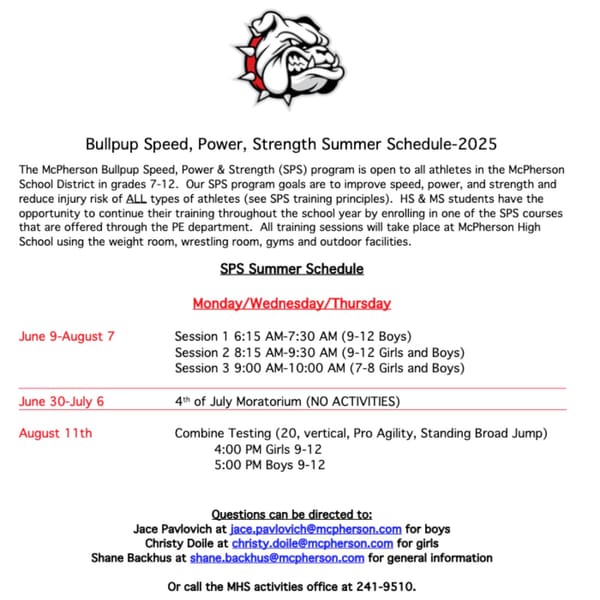 McPherson High School Announces Summer Speed, Power and Strength Program