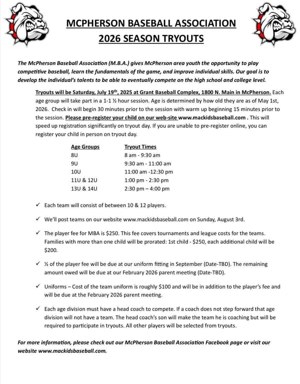 Bullpups Baseball Tryouts Set for July 19th at Grant Baseball Complex