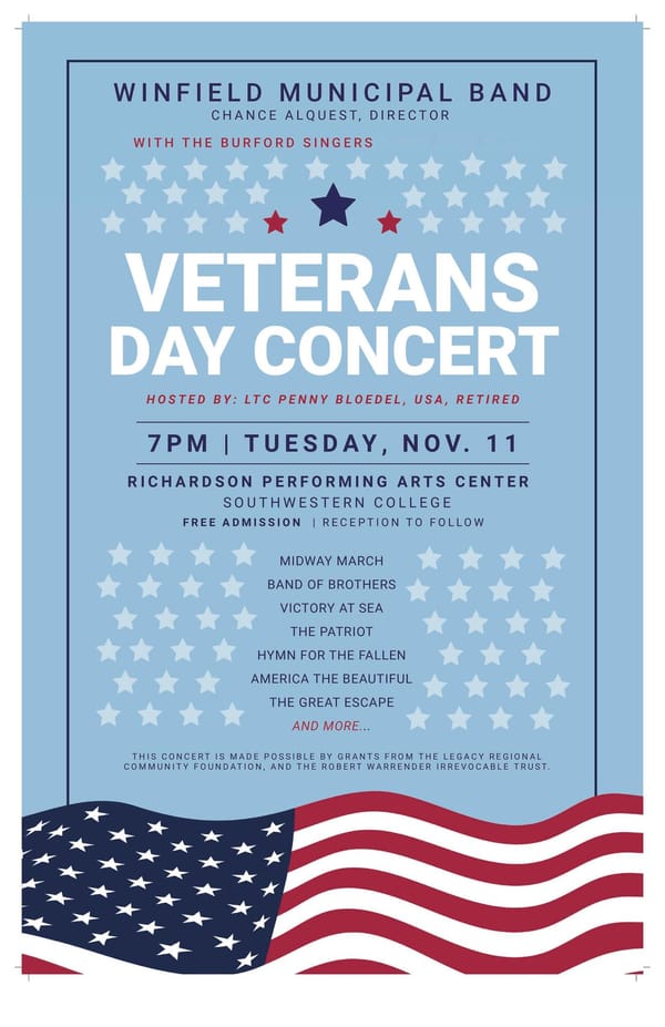 Winfield Municipal Band to Honor Veterans with Free Concert Tuesday