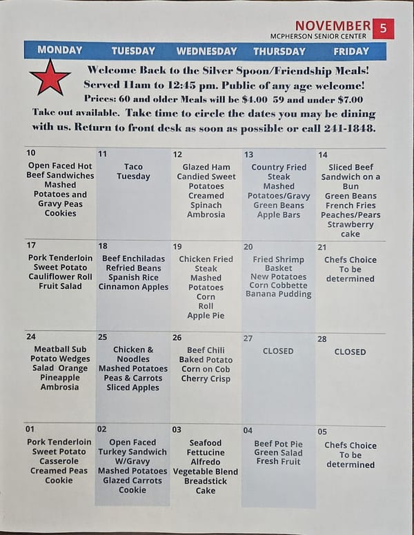 Silver Spoon Meal Program Returns to Senior Center Monday