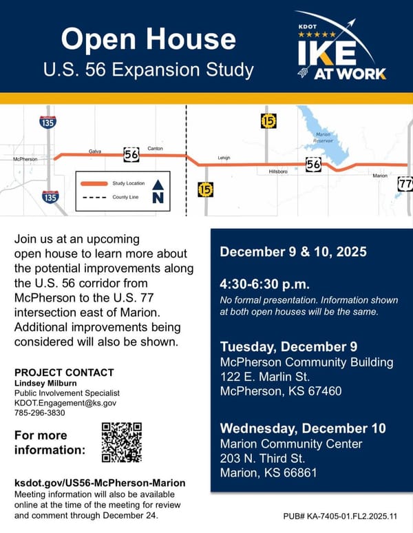 KDOT to Host Open Houses on U.S. 56 Expansion Study